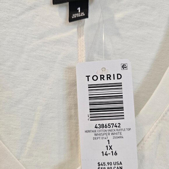 NWT- Torrid-Heritage Cotton V-Neck Ruffle Tee - Picture 3 of 5